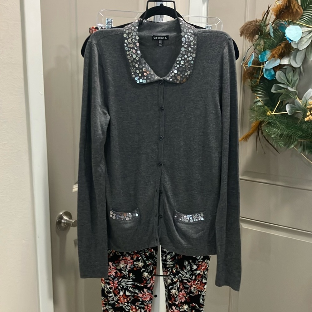 Gray cardigan sweater with silver sequin detail size S